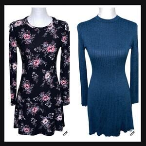 Winter Fall Dress Long Sleeve Knee Length Sz Medium Floral Witchy Stretch Ruffle